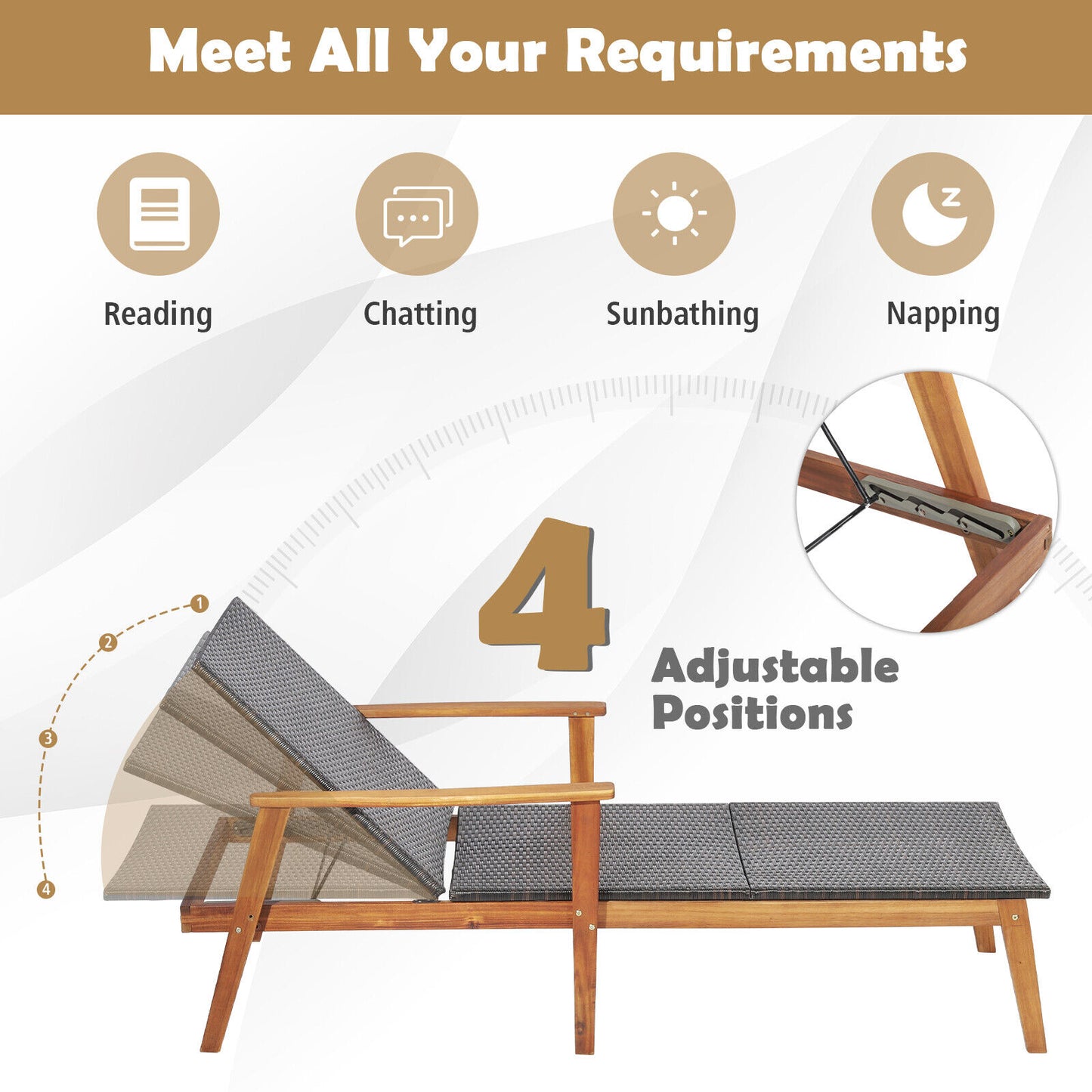Adjustable Rattan Lounge Chair with Acacia Wood Frame