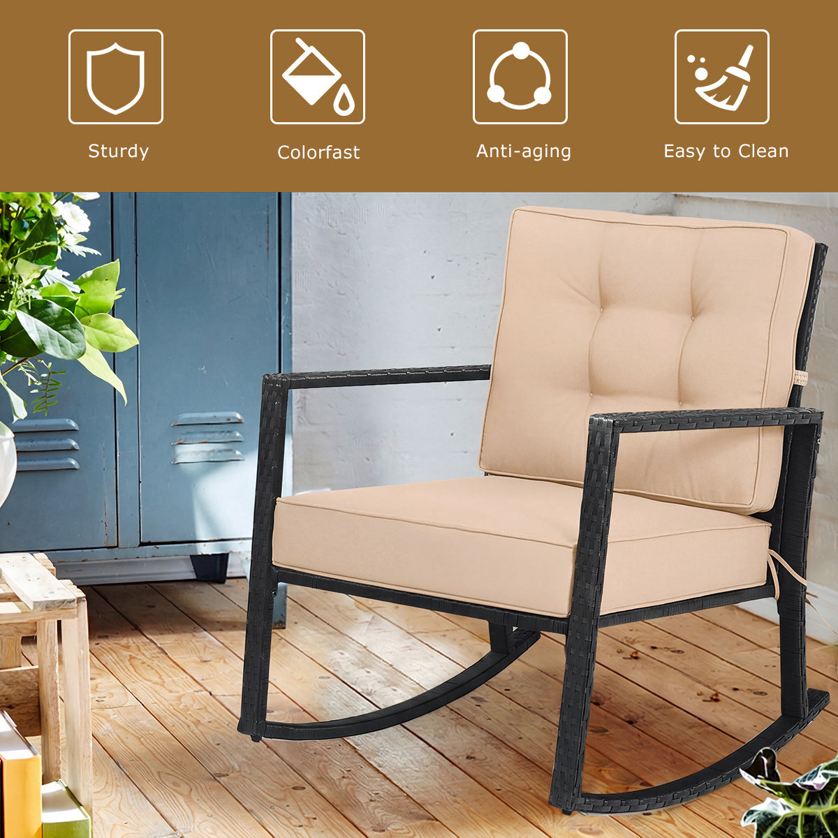 Rattan Rocking Chair with Cushion for Patio