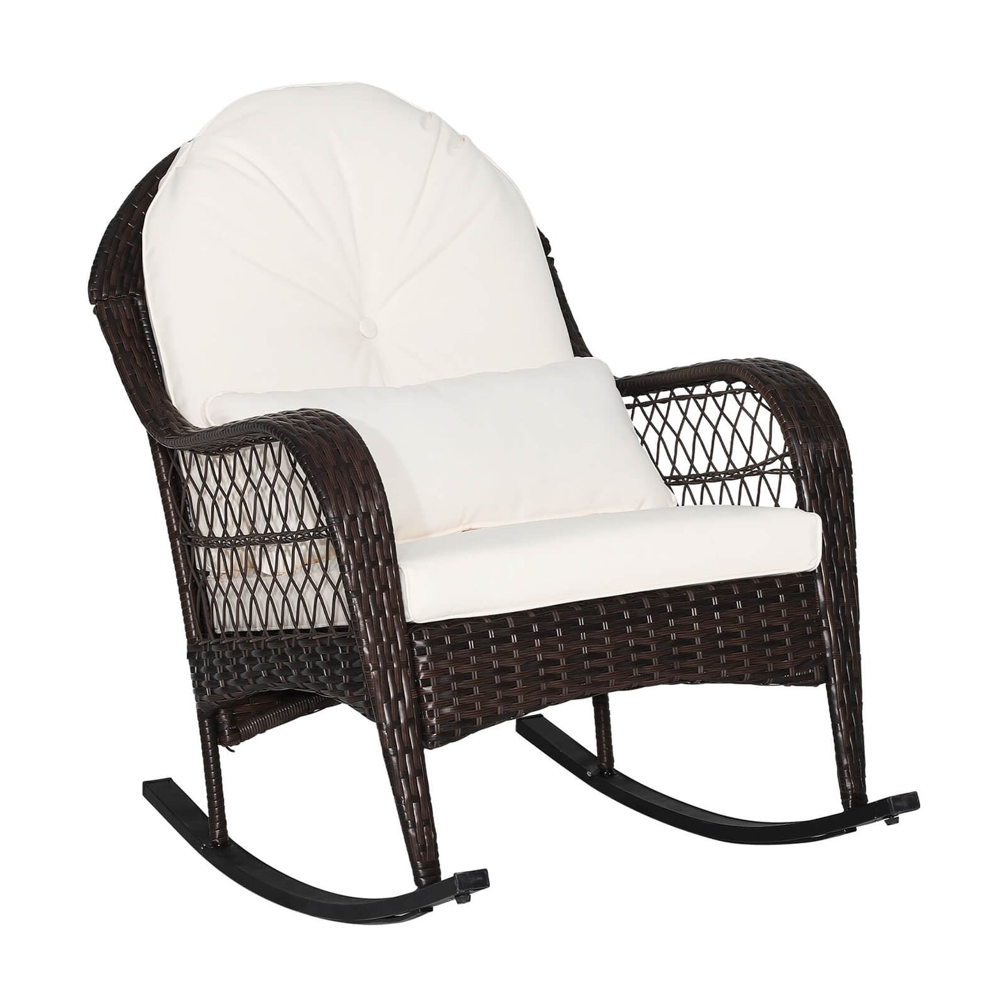 Patio Rattan Rocking Chair with Cushions and Waist Pillow