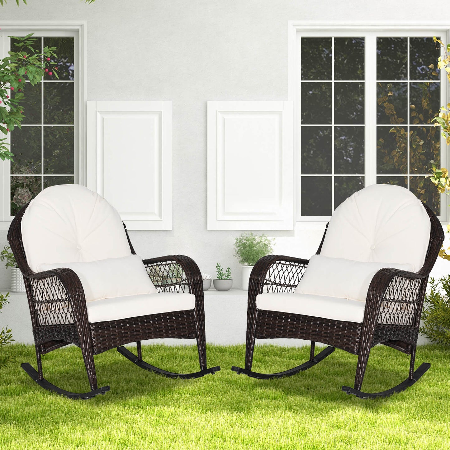 Patio Rattan Rocking Chair with Cushions and Waist Pillow