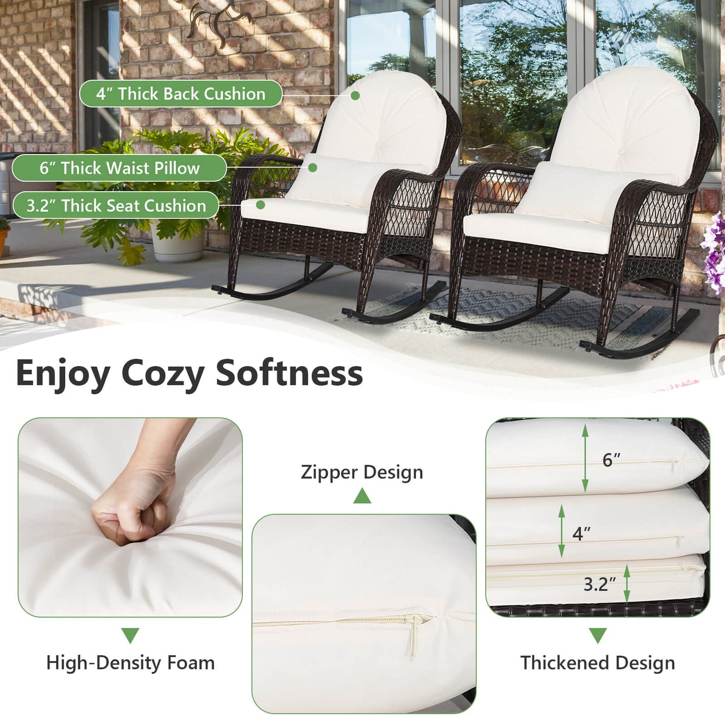 Patio Rattan Rocking Chair with Cushions and Waist Pillow
