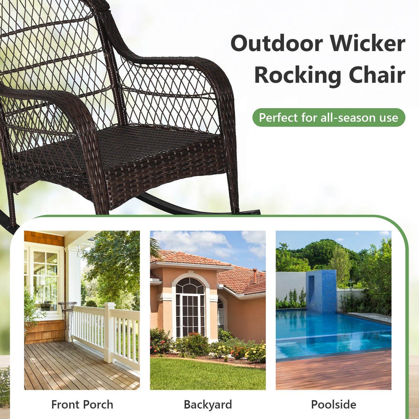 Patio Rattan Rocking Chair with Cushions and Waist Pillow