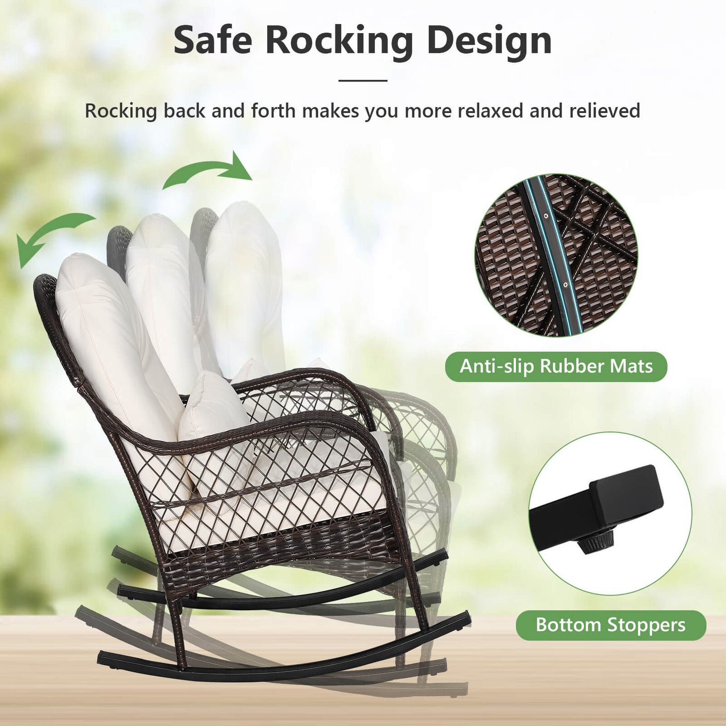 Patio Rattan Rocking Chair with Cushions and Waist Pillow
