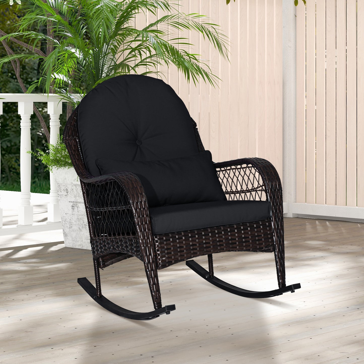 Patio Rattan Rocking Chair with Cushions and Waist Pillow
