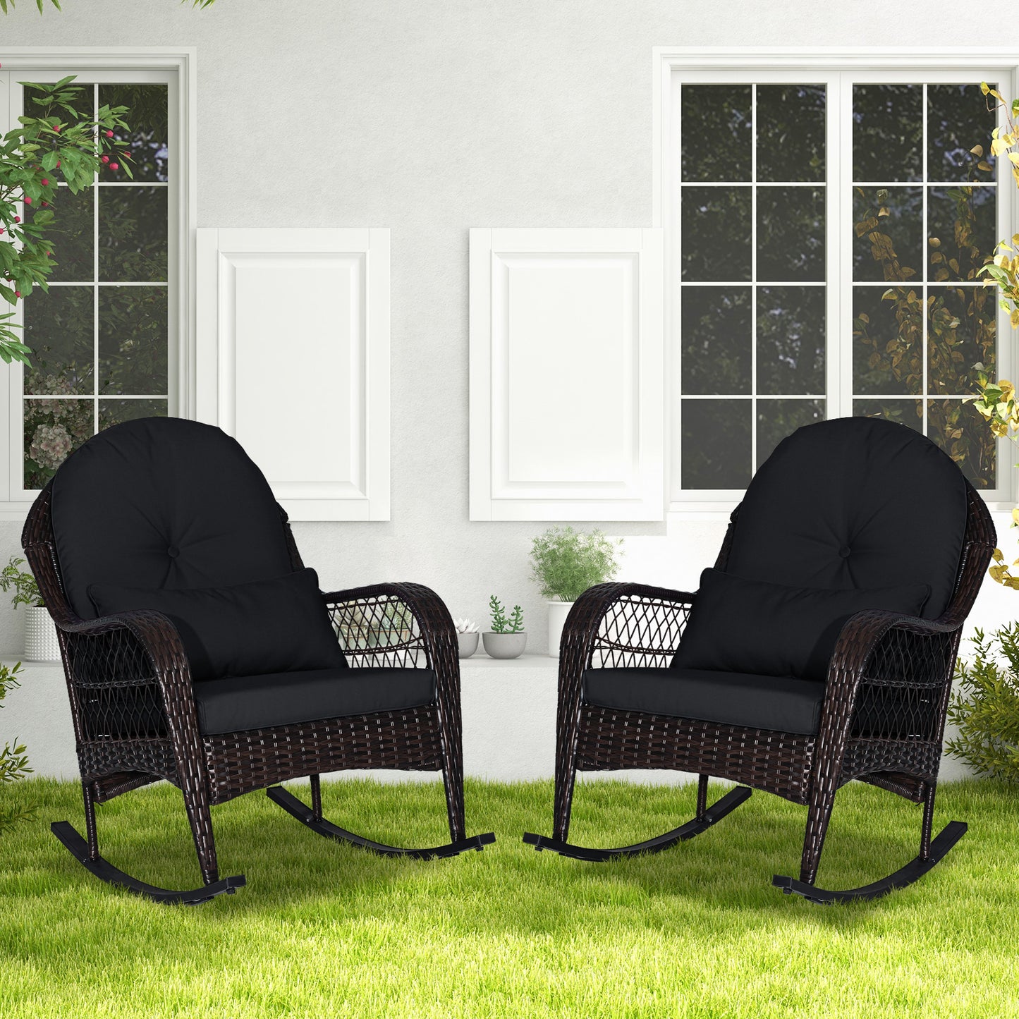Patio Rattan Rocking Chair with Cushions and Waist Pillow