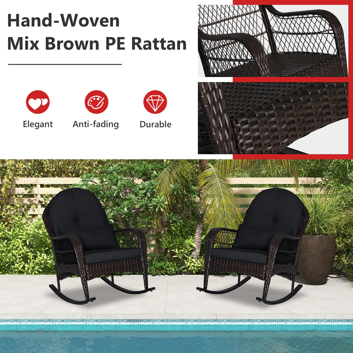 Patio Rattan Rocking Chair with Cushions and Waist Pillow