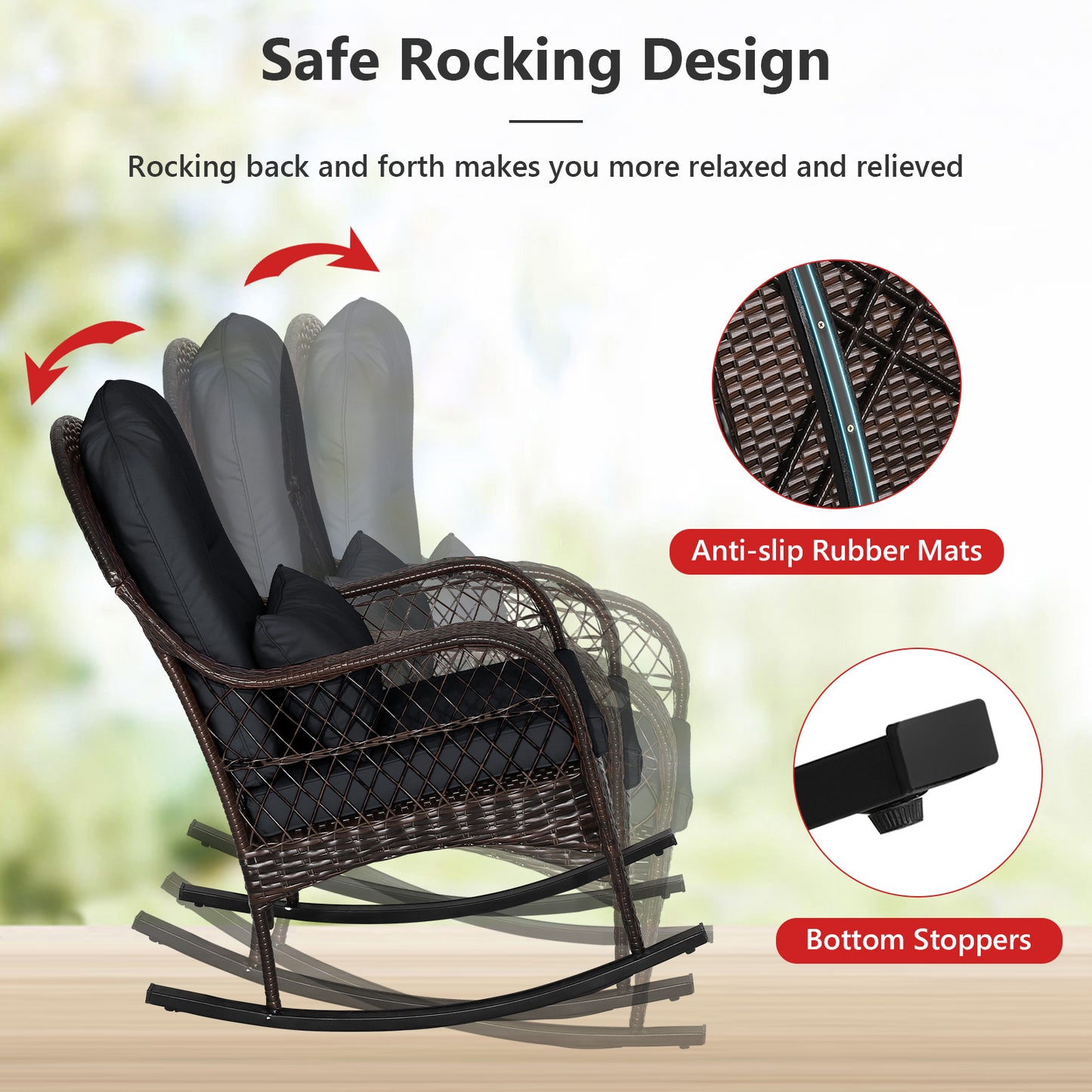 Patio Rattan Rocking Chair with Cushions and Waist Pillow