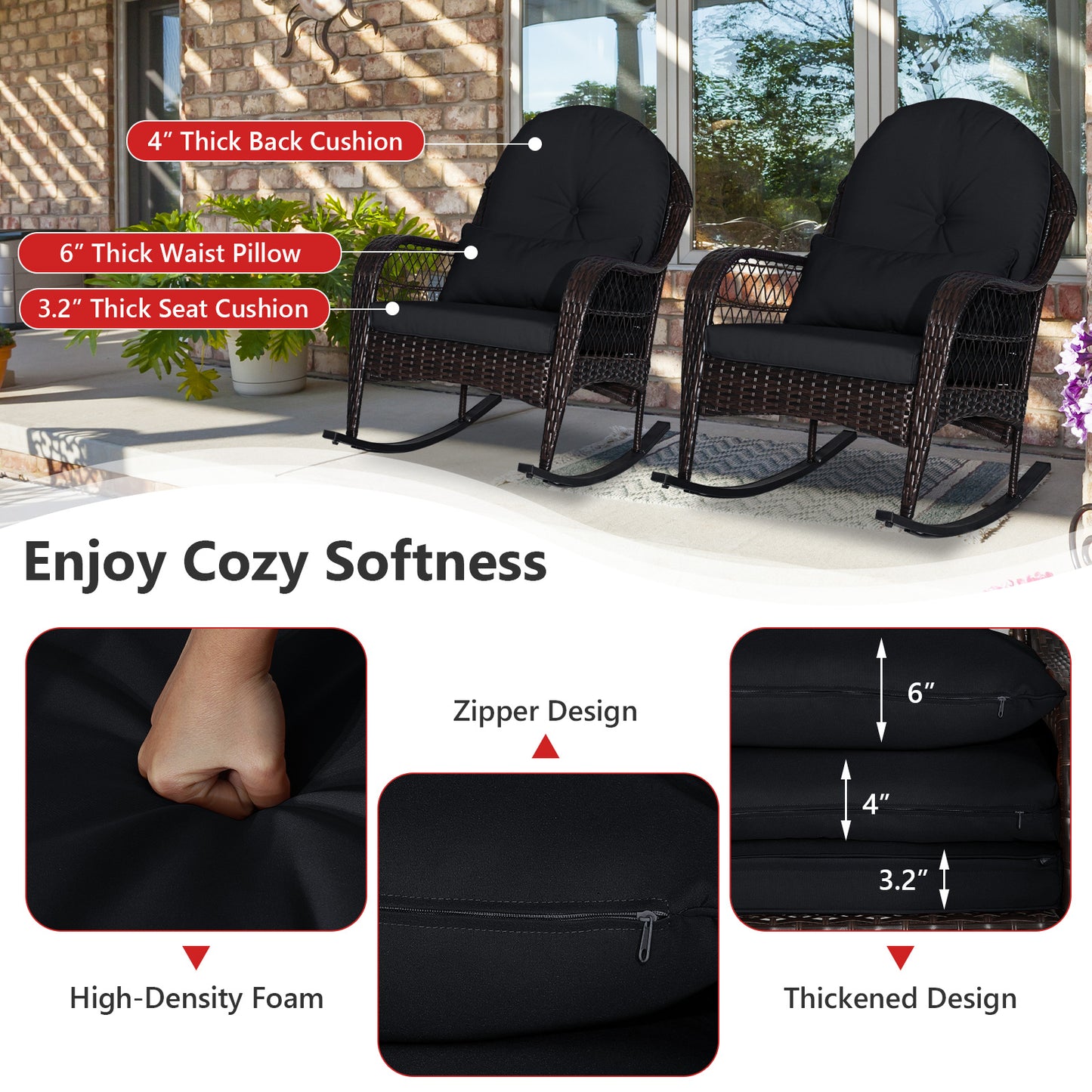Patio Rattan Rocking Chair with Cushions and Waist Pillow