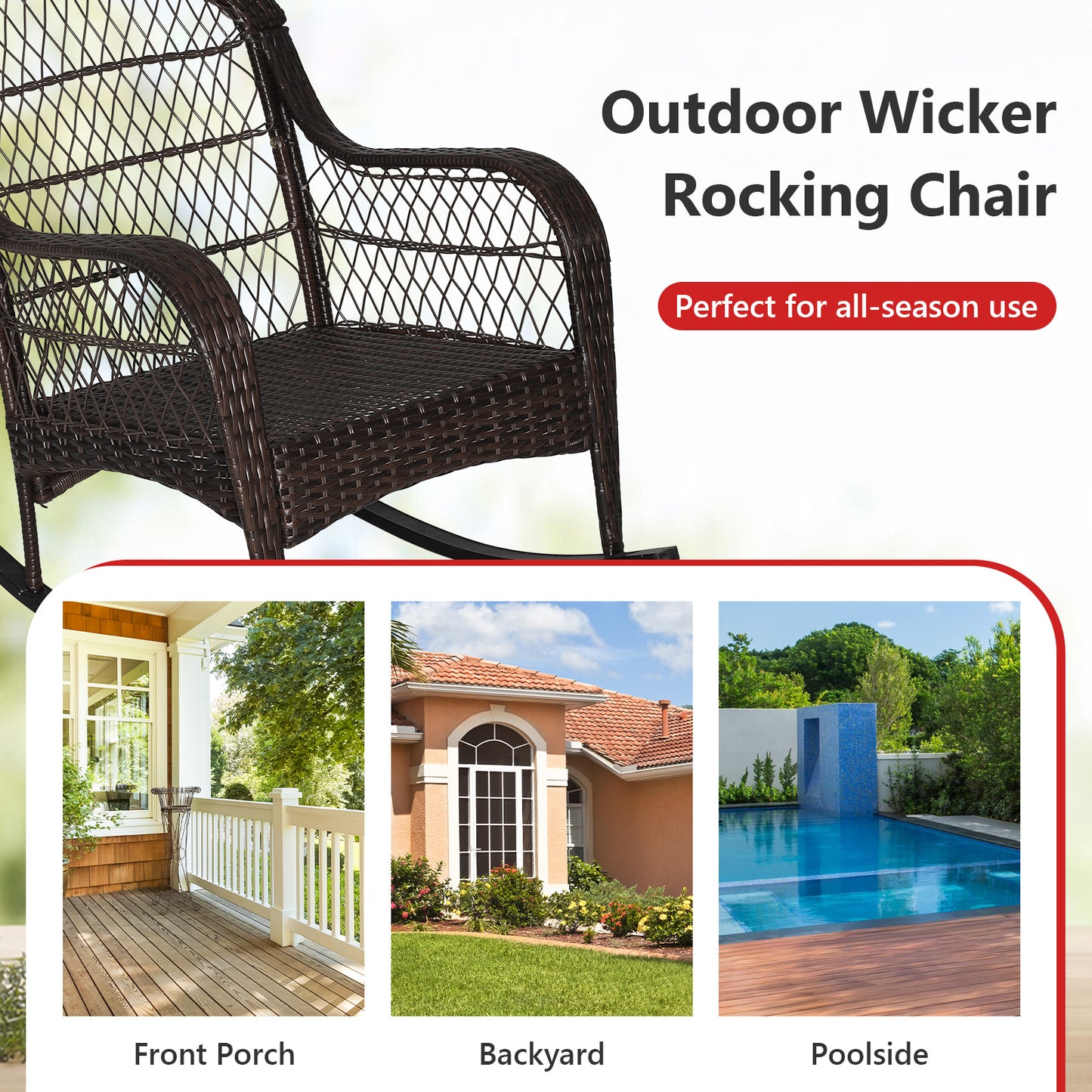 Patio Rattan Rocking Chair with Cushions and Waist Pillow
