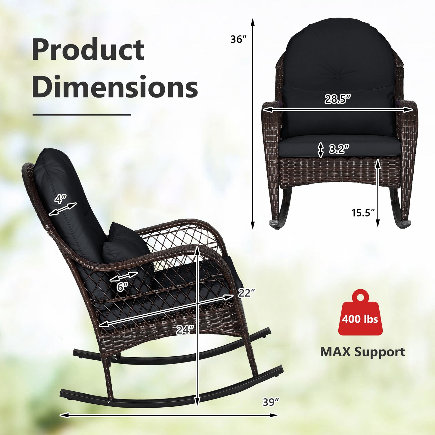 Patio Rattan Rocking Chair with Cushions and Waist Pillow
