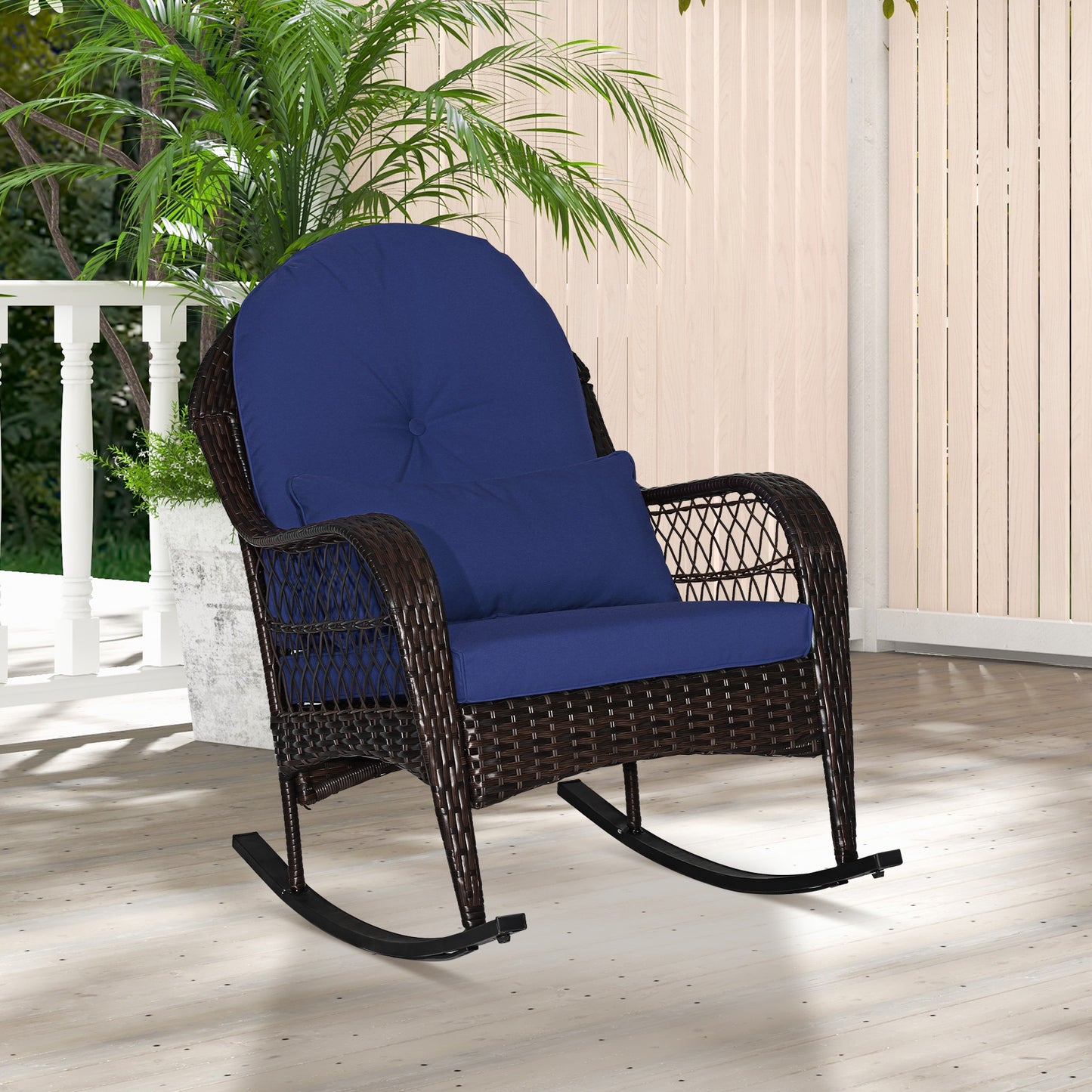 Patio Rattan Rocking Chair with Cushions and Waist Pillow