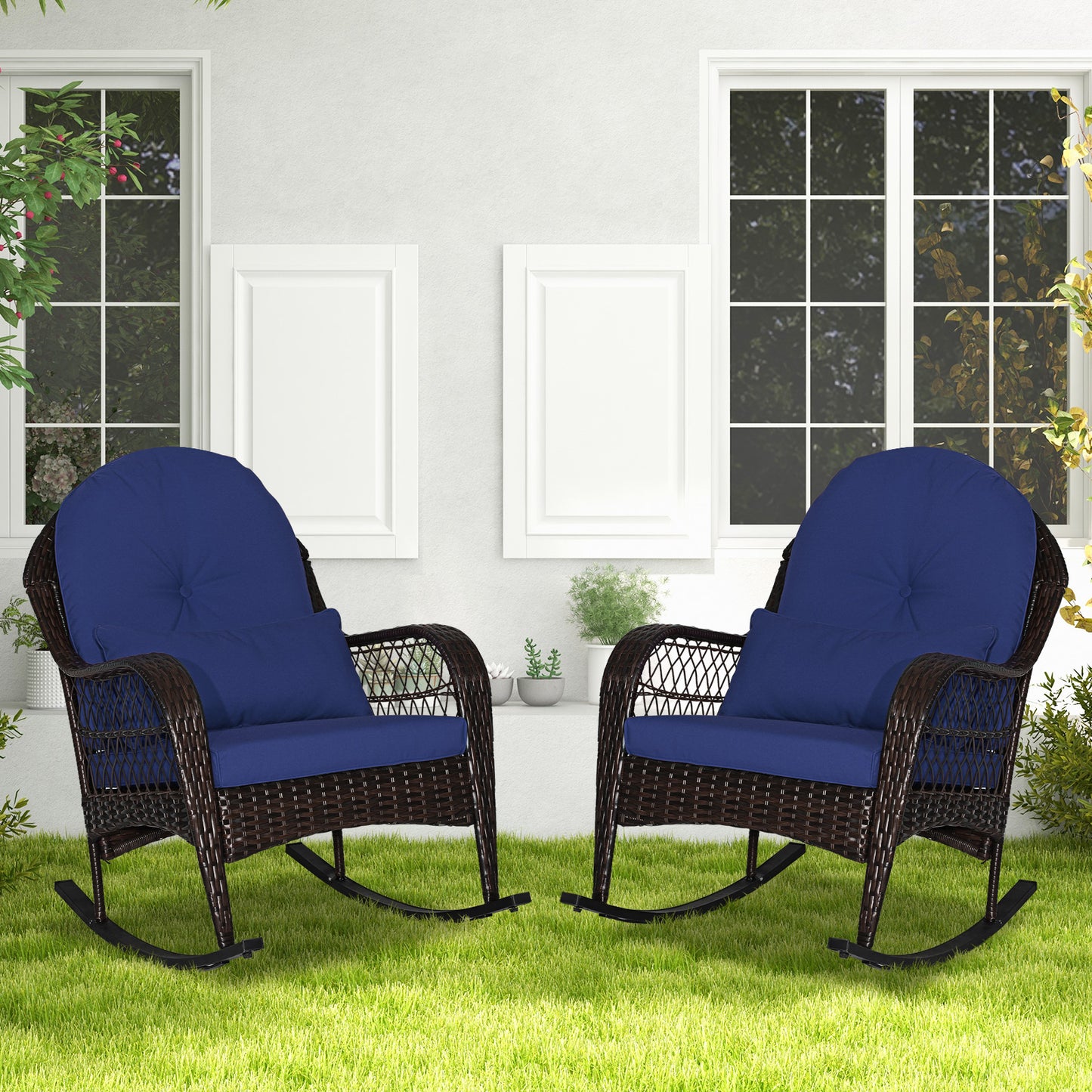 Patio Rattan Rocking Chair with Cushions and Waist Pillow