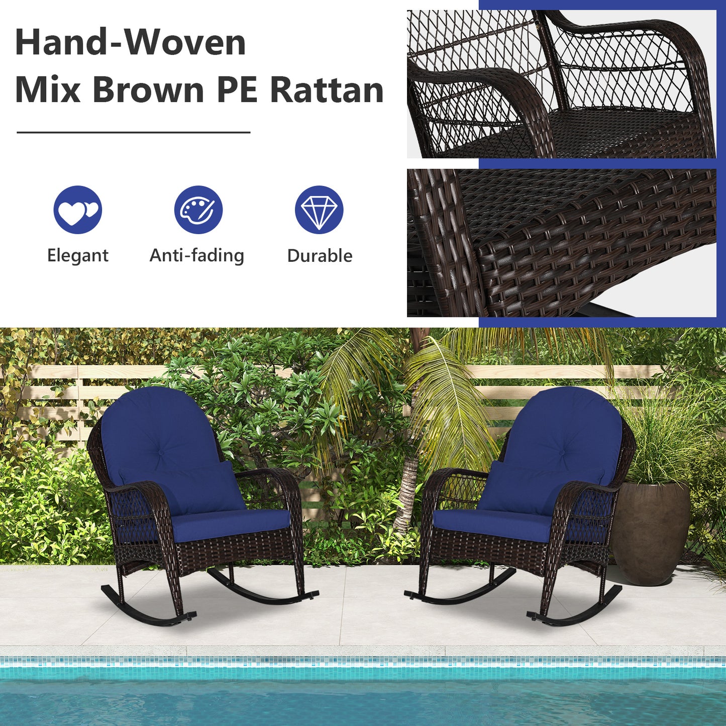 Patio Rattan Rocking Chair with Cushions and Waist Pillow