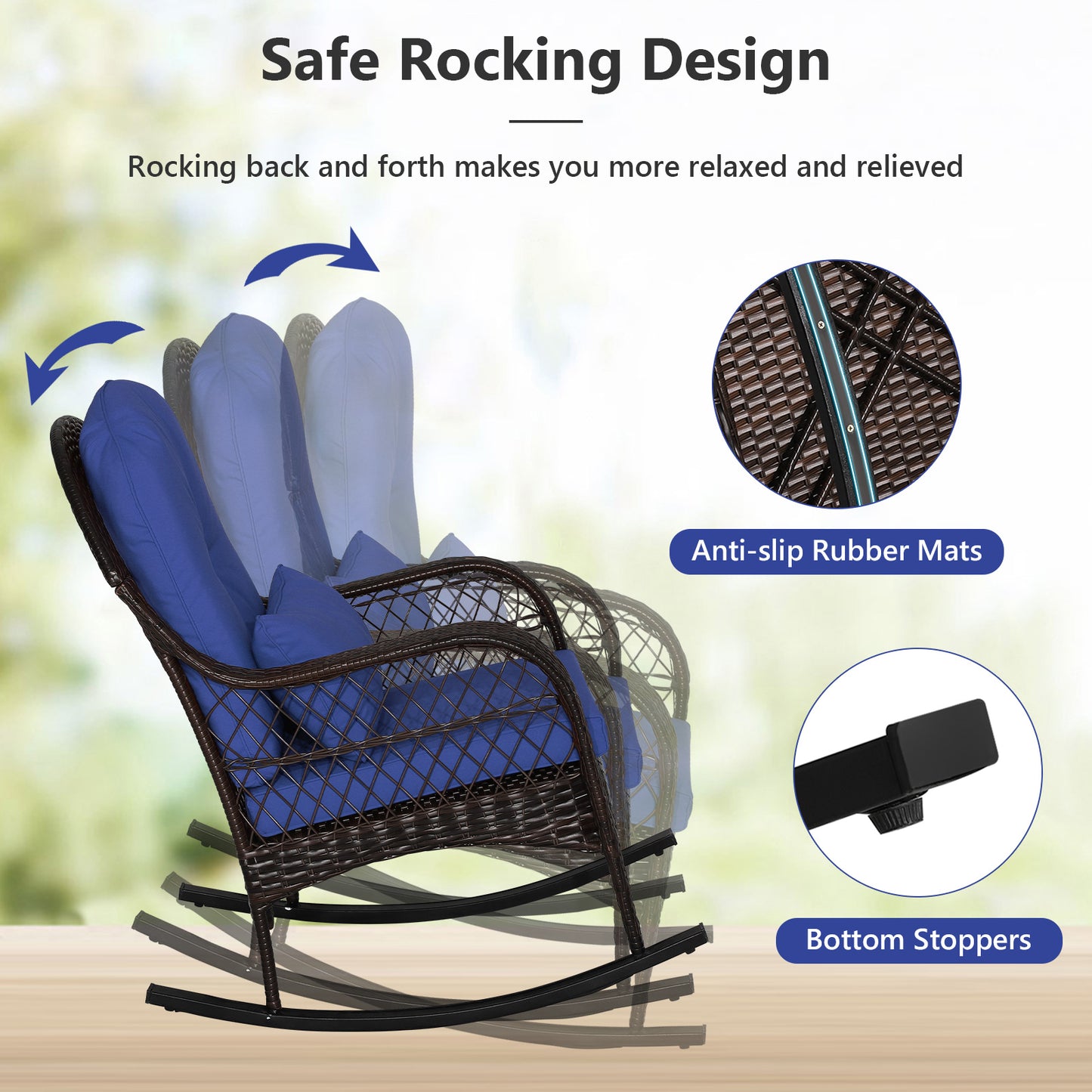 Patio Rattan Rocking Chair with Cushions and Waist Pillow