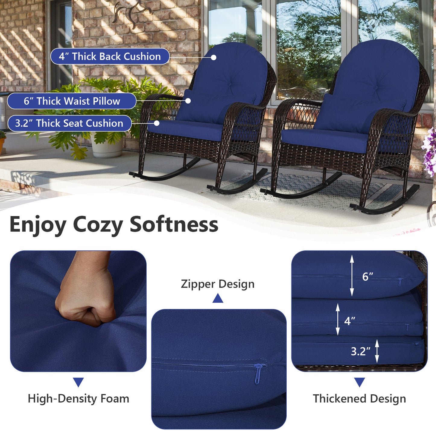 Patio Rattan Rocking Chair with Cushions and Waist Pillow