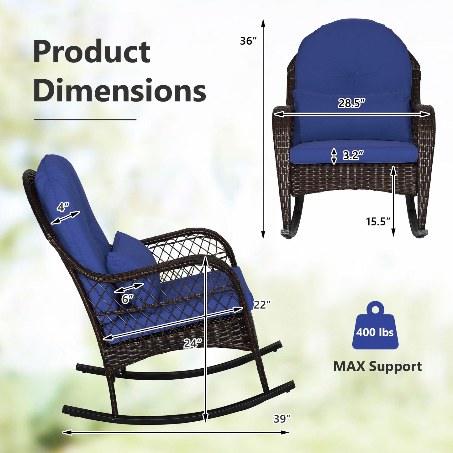 Patio Rattan Rocking Chair with Cushions and Waist Pillow