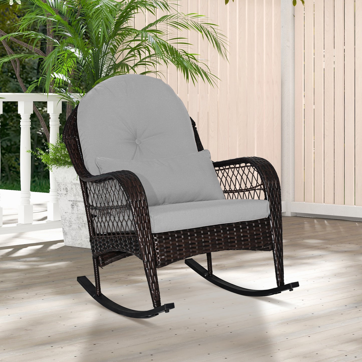 Patio Rattan Rocking Chair with Cushions and Waist Pillow