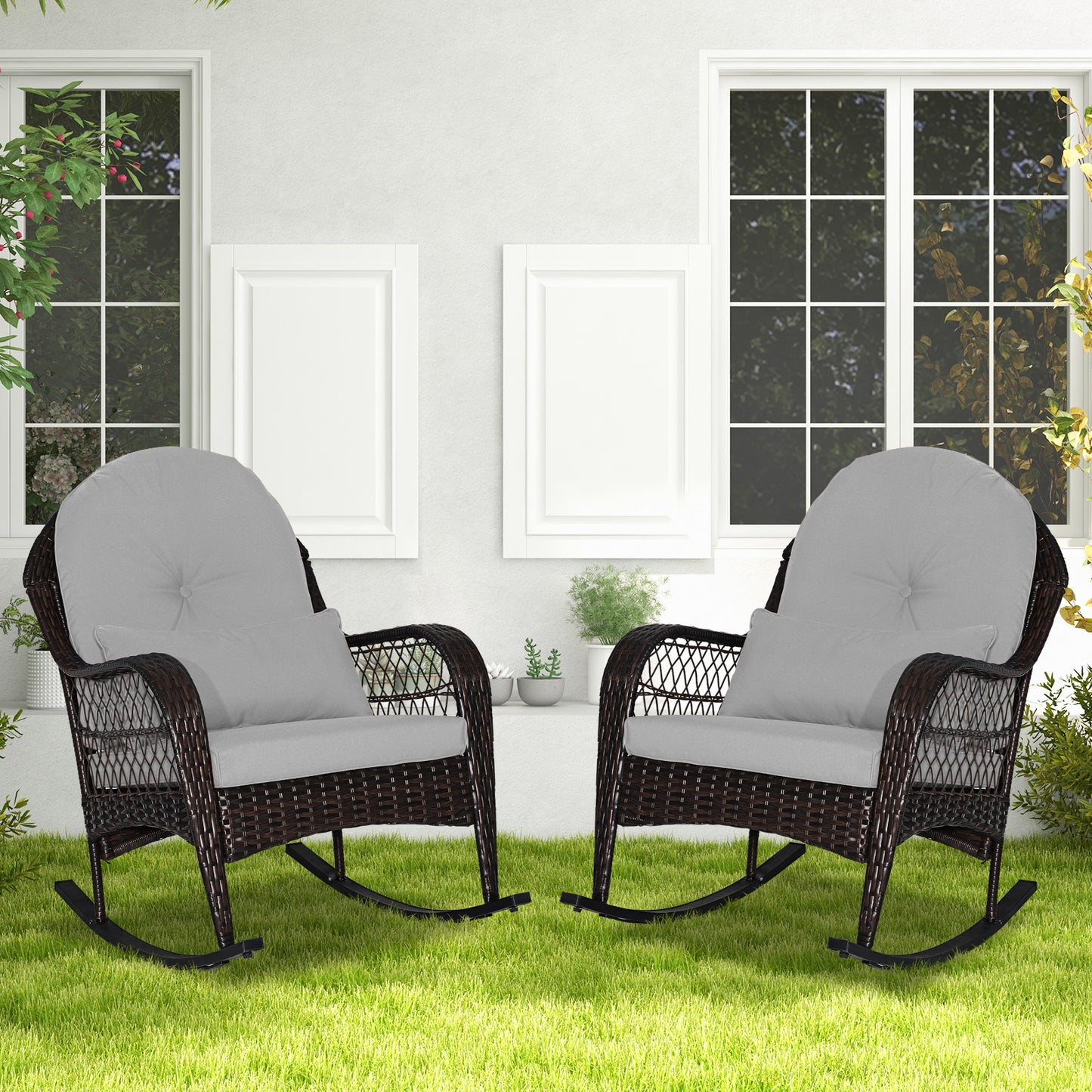 Patio Rattan Rocking Chair with Cushions and Waist Pillow
