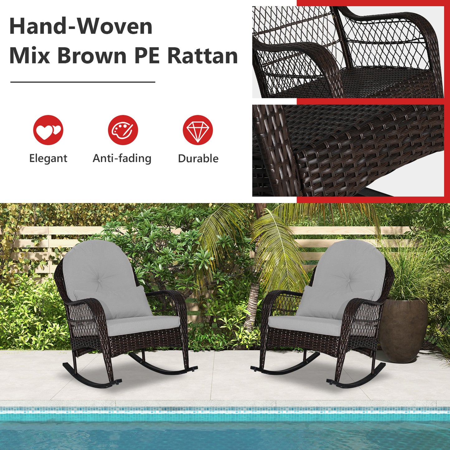 Patio Rattan Rocking Chair with Cushions and Waist Pillow