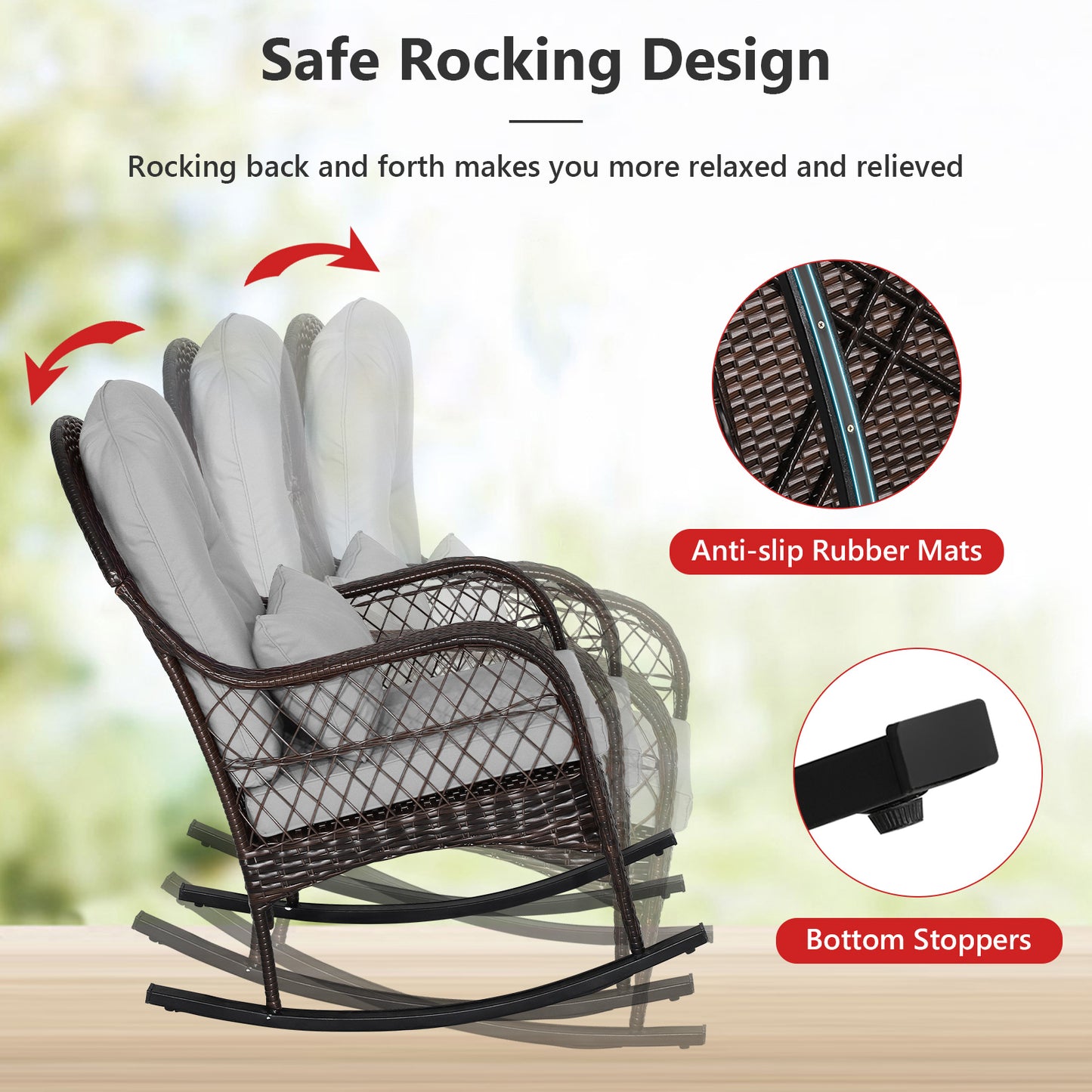 Patio Rattan Rocking Chair with Cushions and Waist Pillow