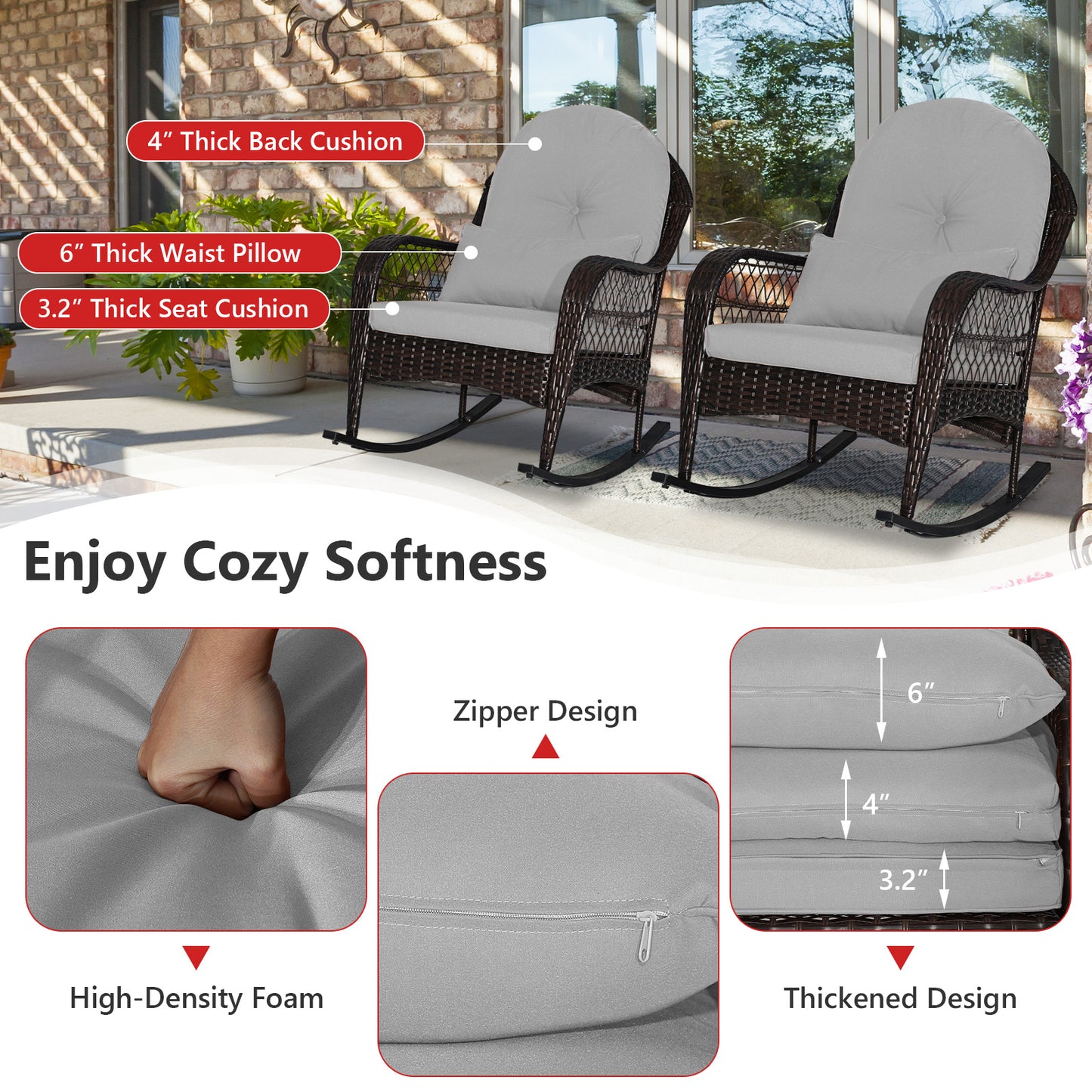 Patio Rattan Rocking Chair with Cushions and Waist Pillow