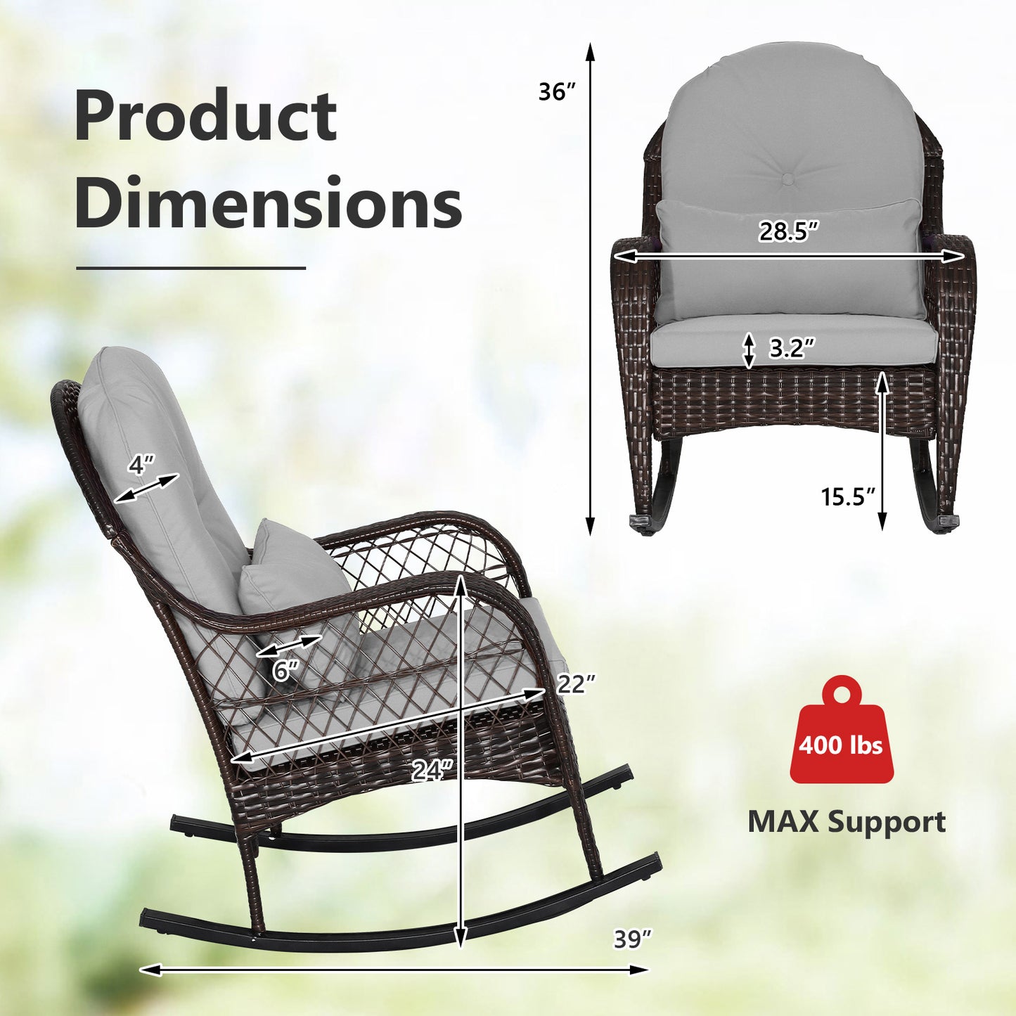 Patio Rattan Rocking Chair with Cushions and Waist Pillow