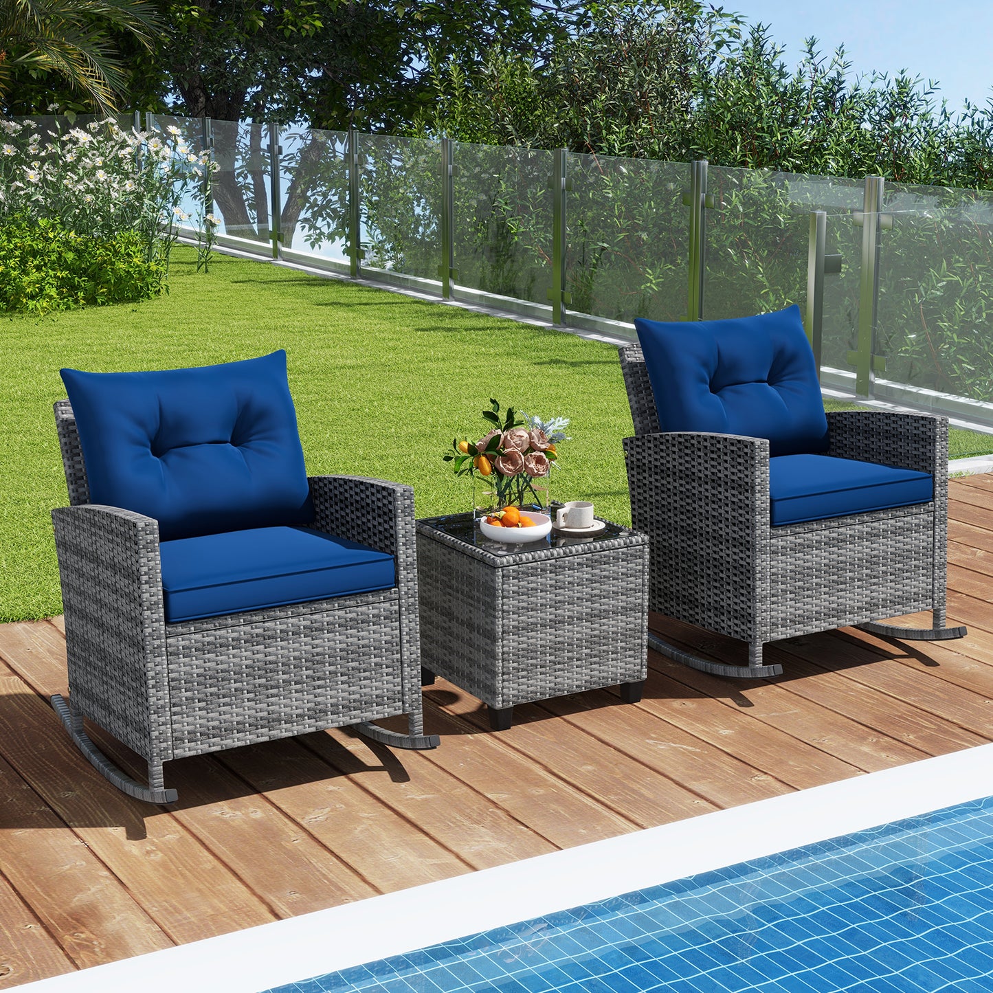 3-Piece Patio Rocking Chair Set with Glass Table