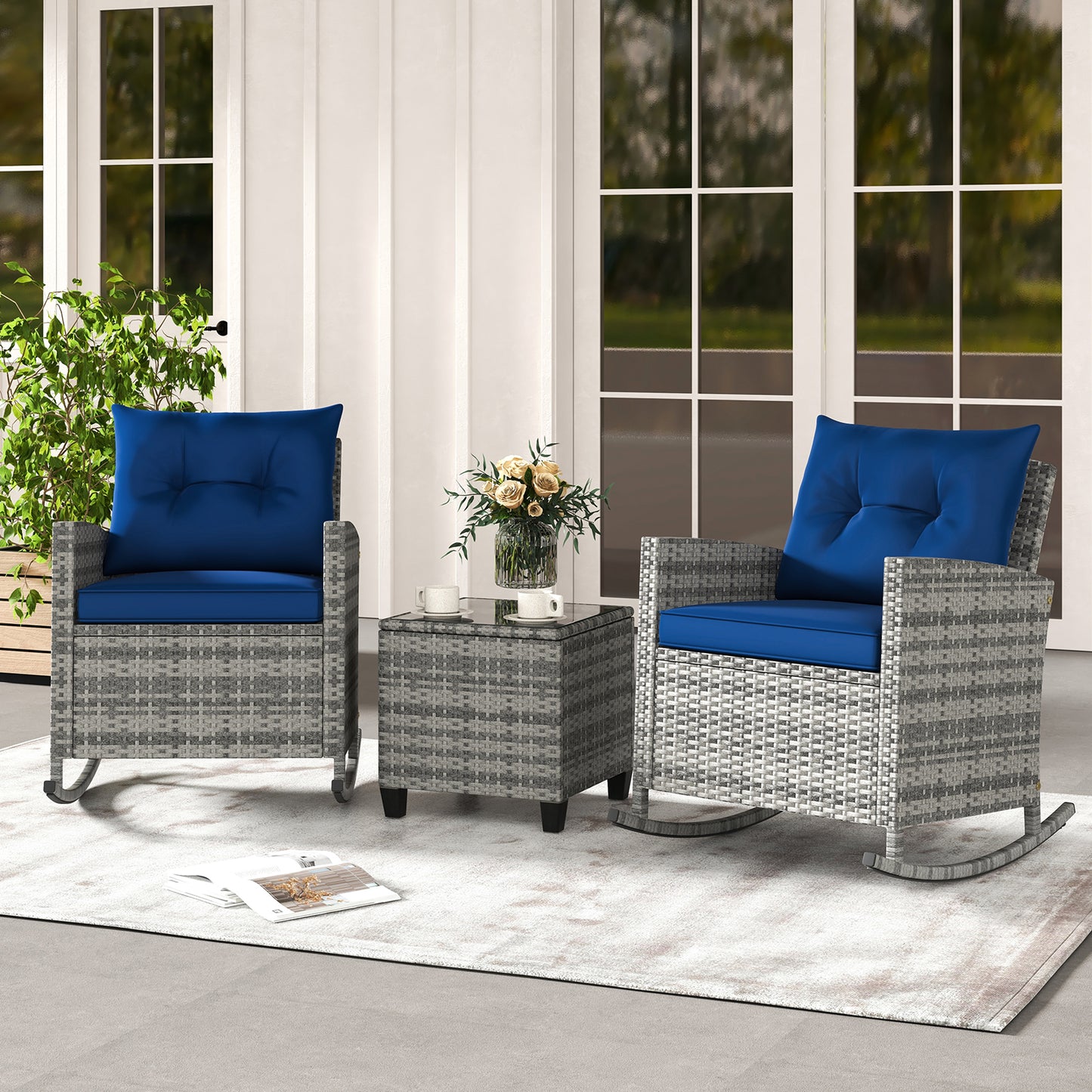 3-Piece Patio Rocking Chair Set with Glass Table