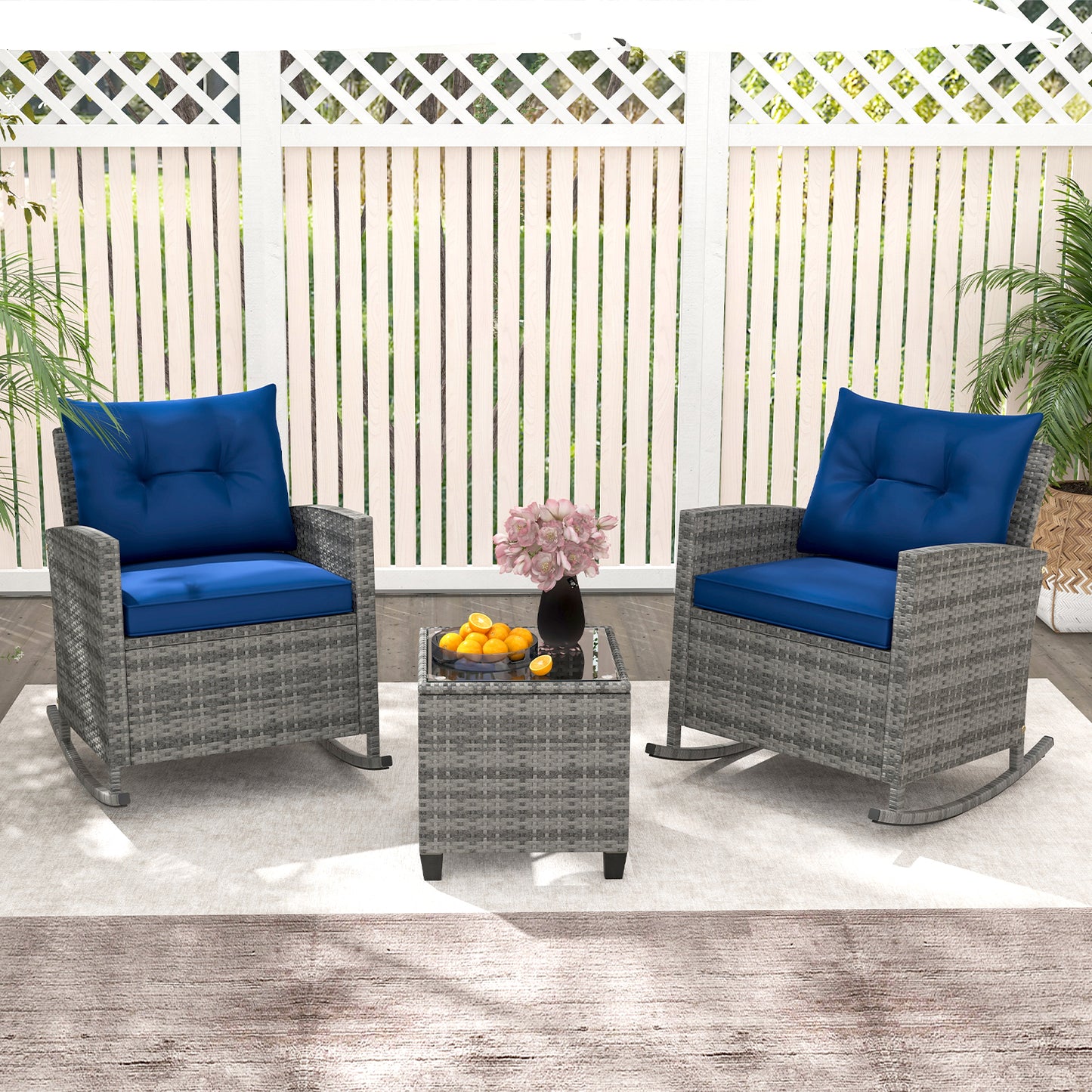 3-Piece Patio Rocking Chair Set with Glass Table