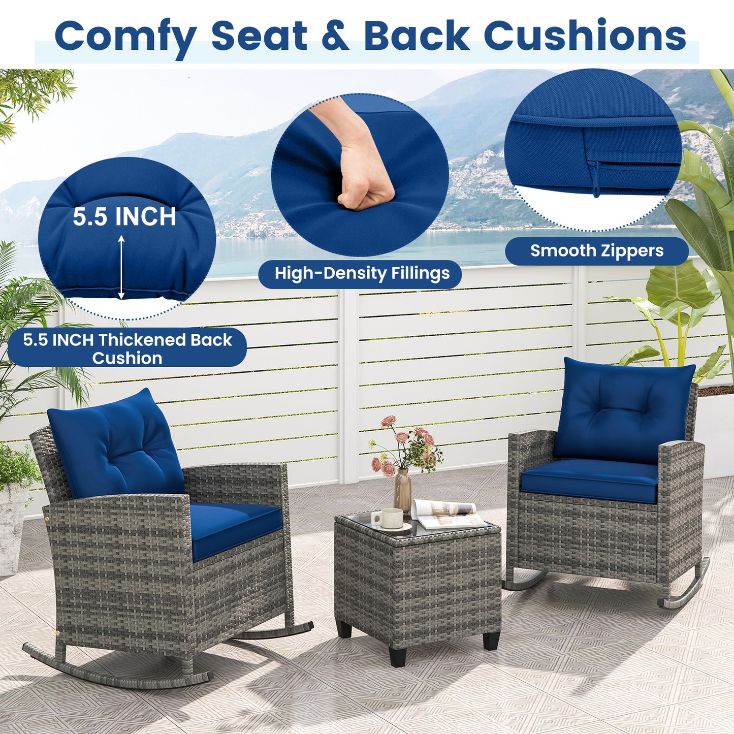 3-Piece Patio Rocking Chair Set with Glass Table