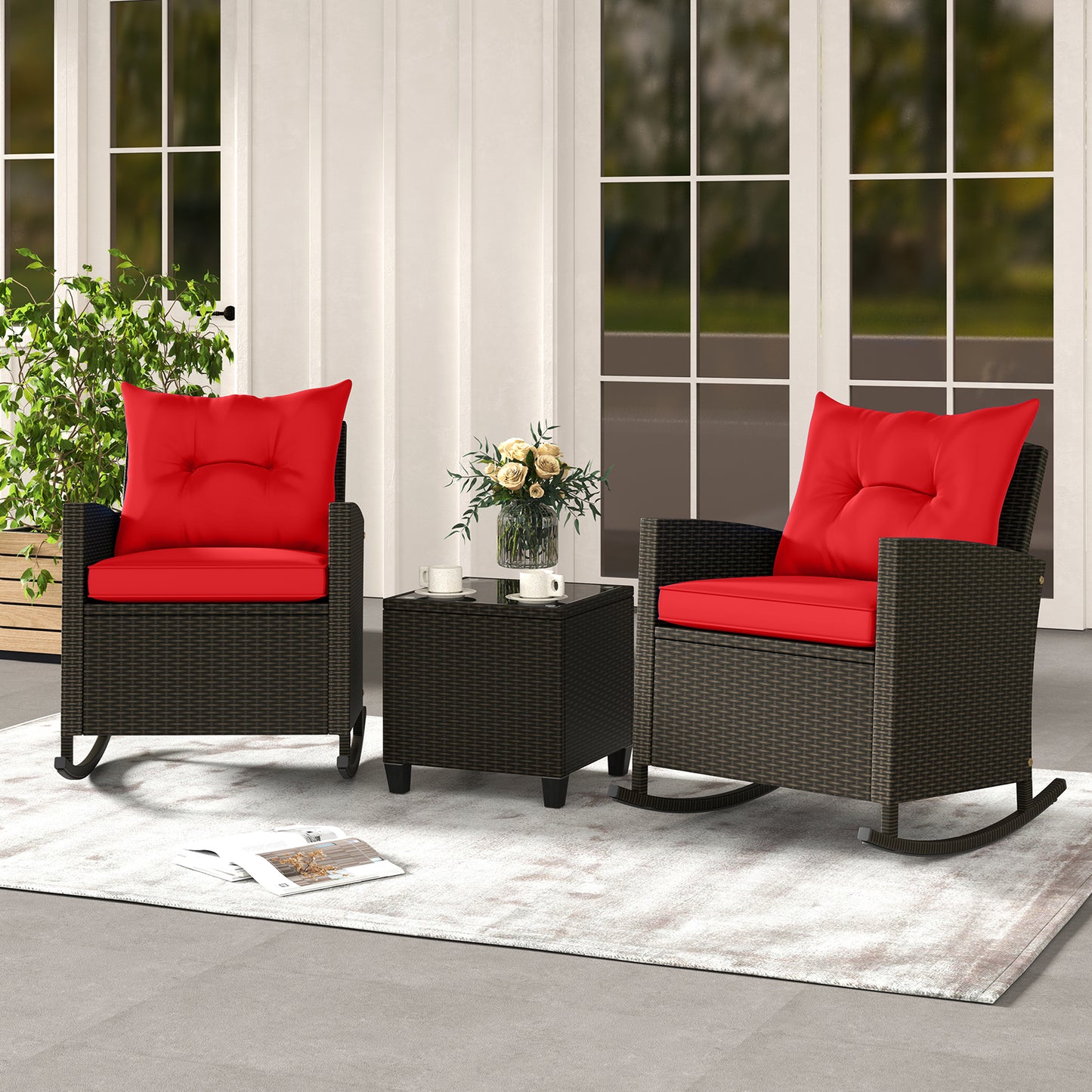 3-Piece Patio Rocking Chair Set with Glass Table