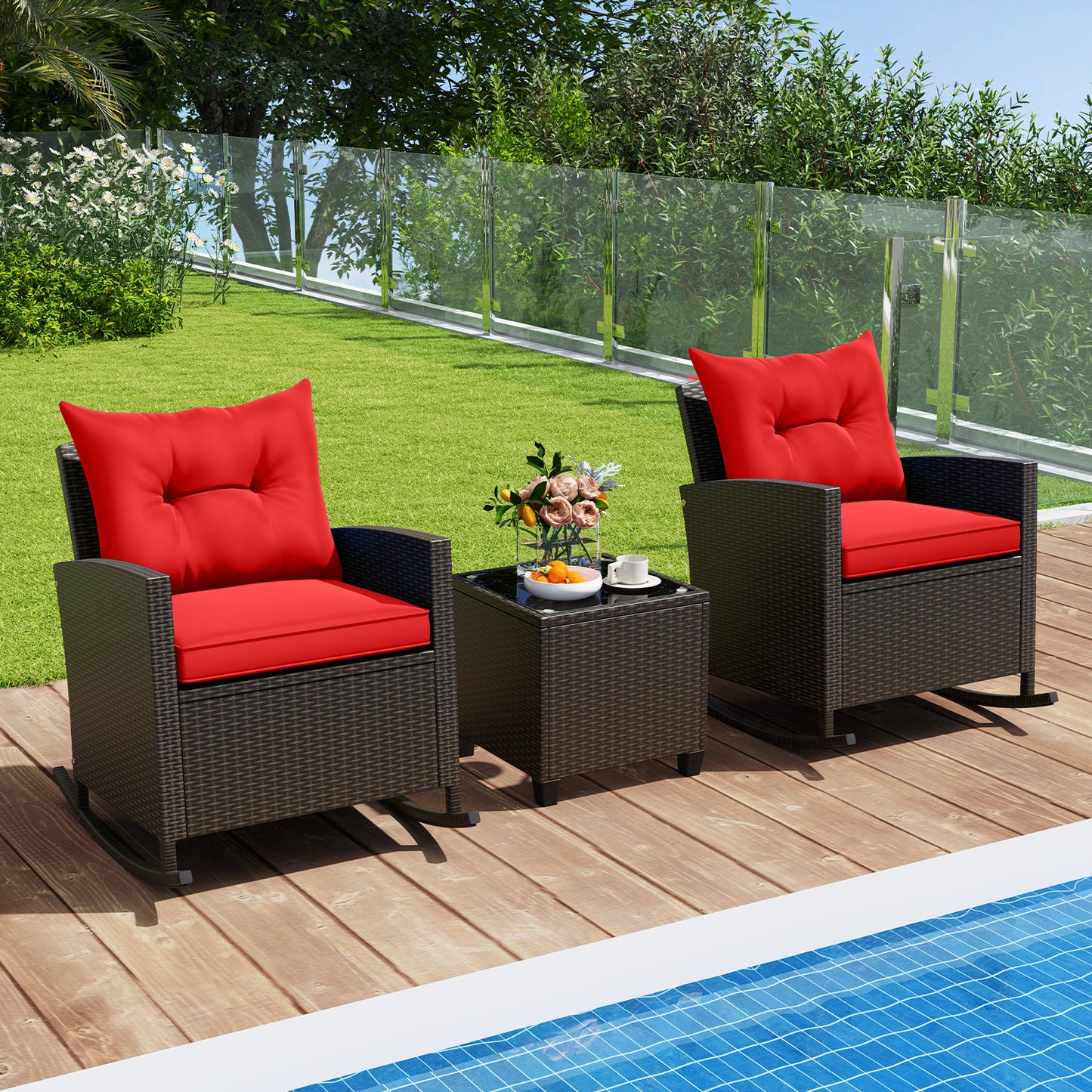 3-Piece Patio Rocking Chair Set with Glass Table