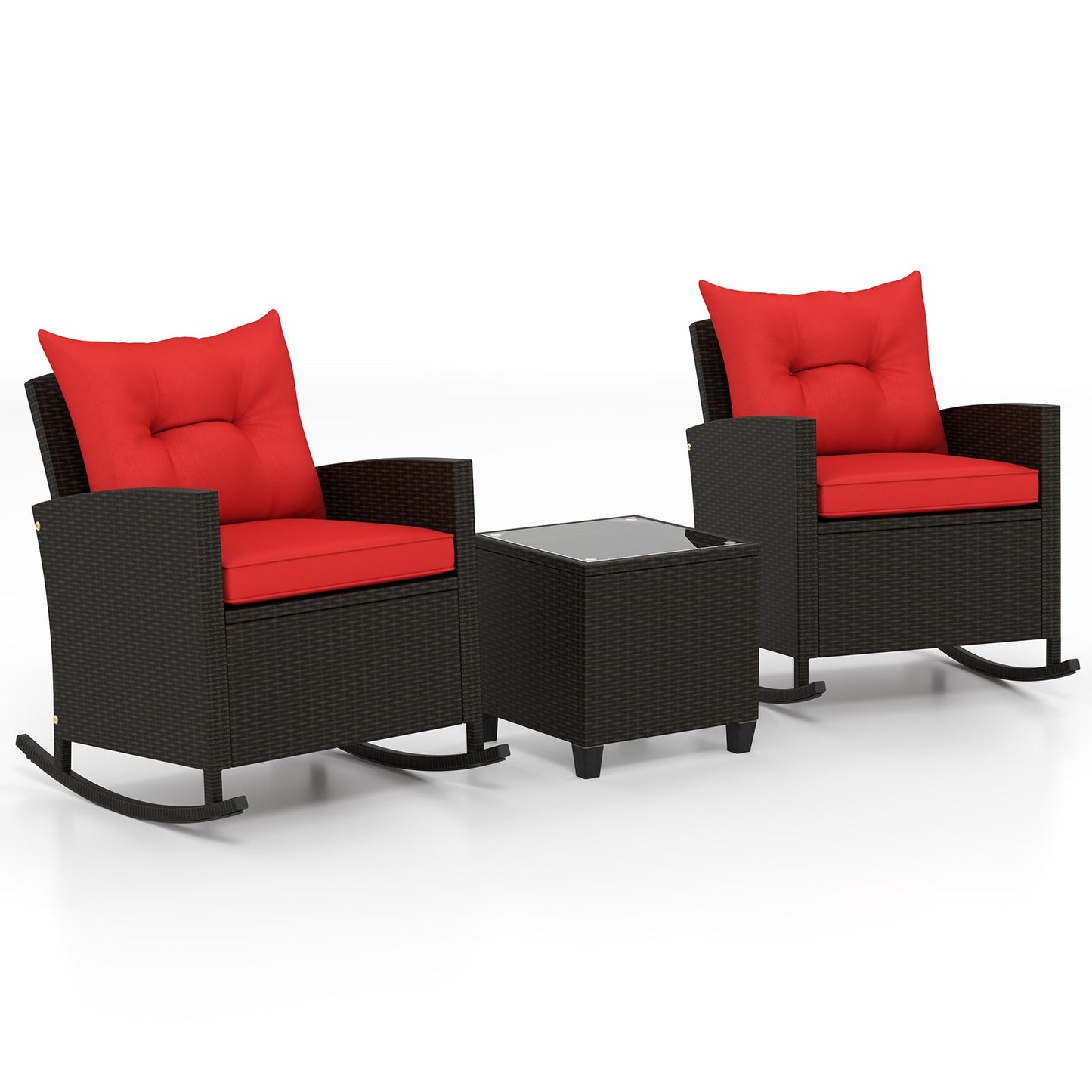 Patio Rattan Roker Chairs with Tempered Glass Table and Soft Cushions for Backyard Poolside Porch