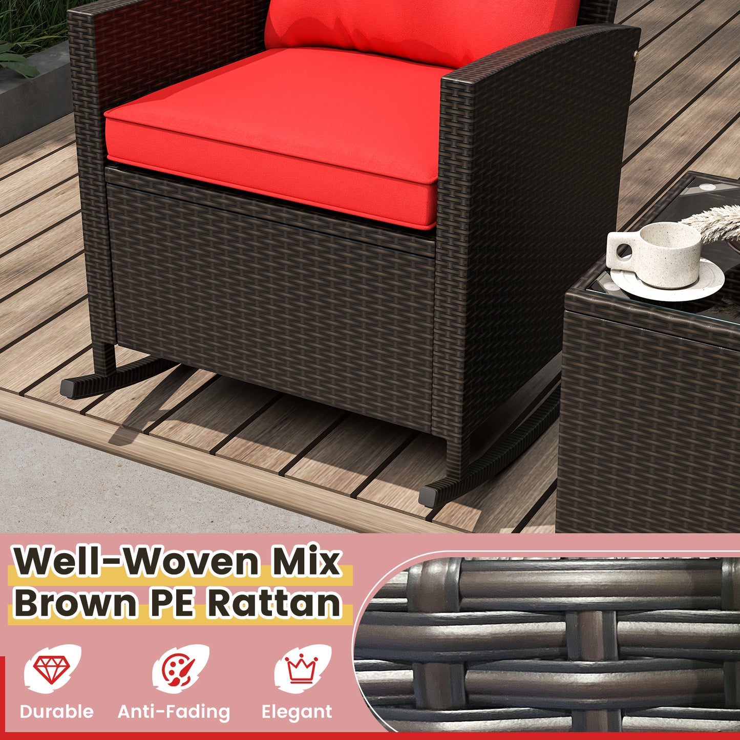 3-Piece Patio Rocking Chair Set with Glass Table