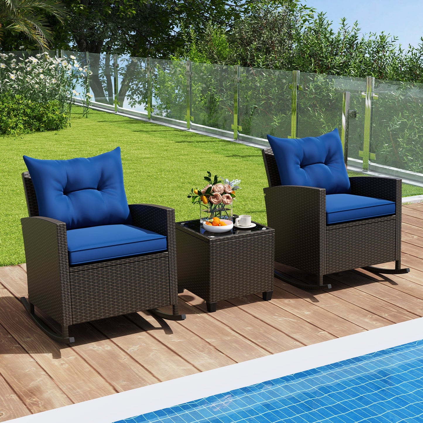 Patio Rattan Roker Chairs with Tempered Glass Table and Soft Cushions for Backyard Poolside Porch