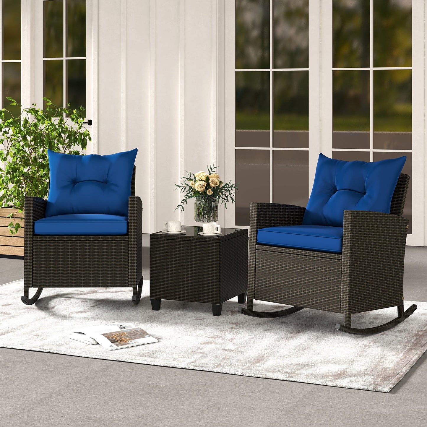 Patio Rattan Roker Chairs with Tempered Glass Table and Soft Cushions for Backyard Poolside Porch