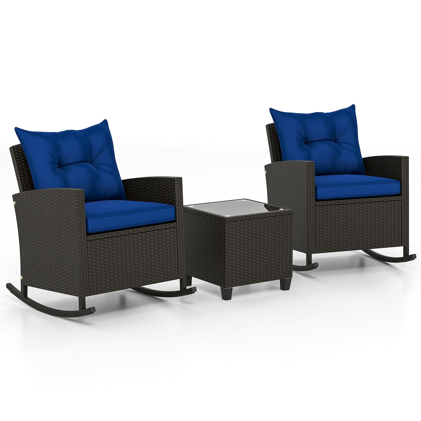 Patio Rattan Roker Chairs with Tempered Glass Table and Soft Cushions for Backyard Poolside Porch
