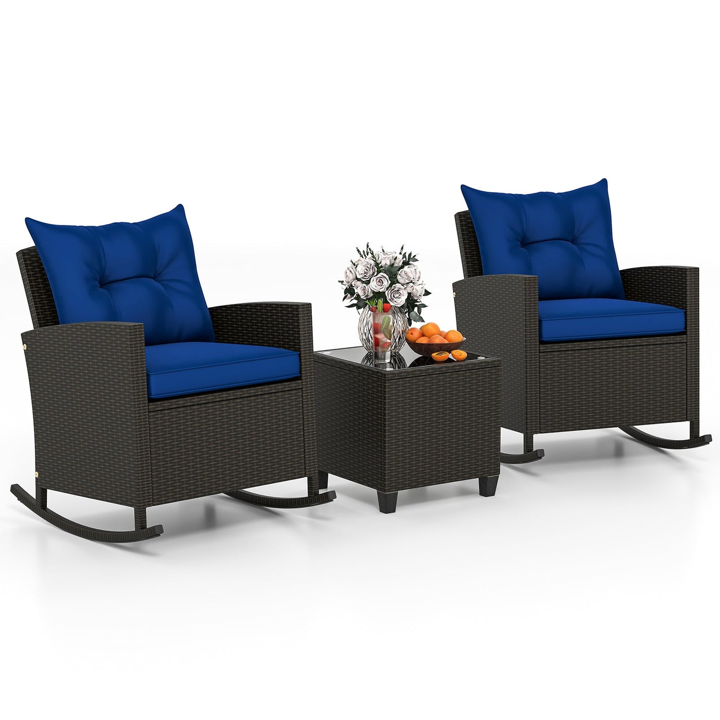 Patio Rattan Roker Chairs with Tempered Glass Table and Soft Cushions for Backyard Poolside Porch