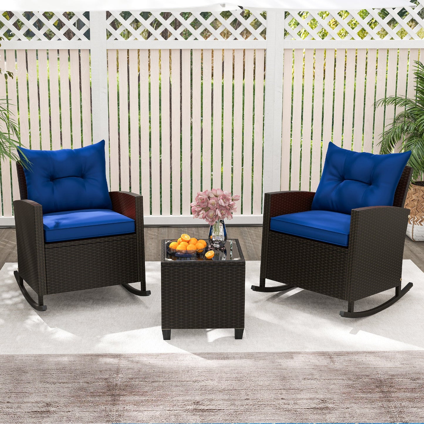 Patio Rattan Roker Chairs with Tempered Glass Table and Soft Cushions for Backyard Poolside Porch