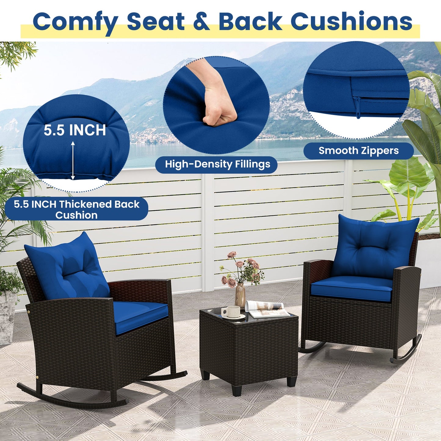 Patio Rattan Roker Chairs with Tempered Glass Table and Soft Cushions for Backyard Poolside Porch