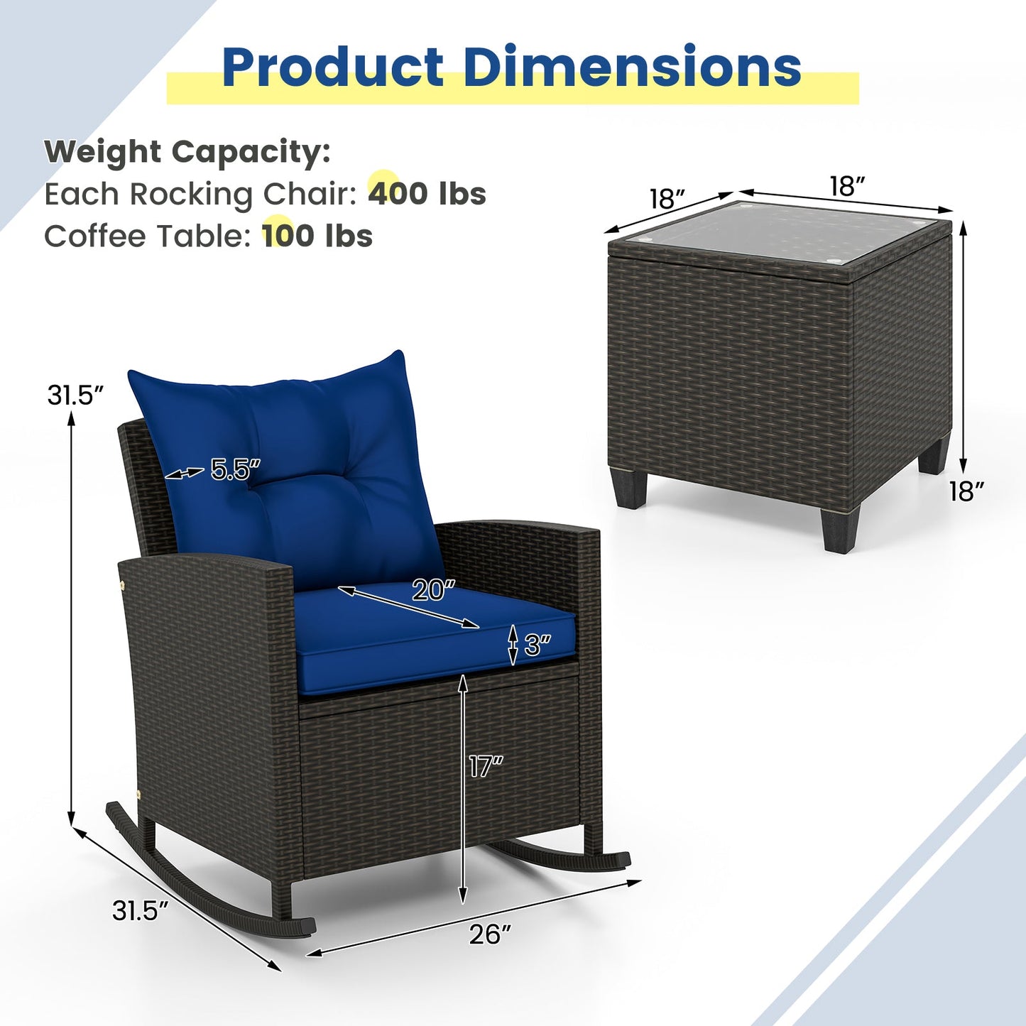 Patio Rattan Roker Chairs with Tempered Glass Table and Soft Cushions for Backyard Poolside Porch