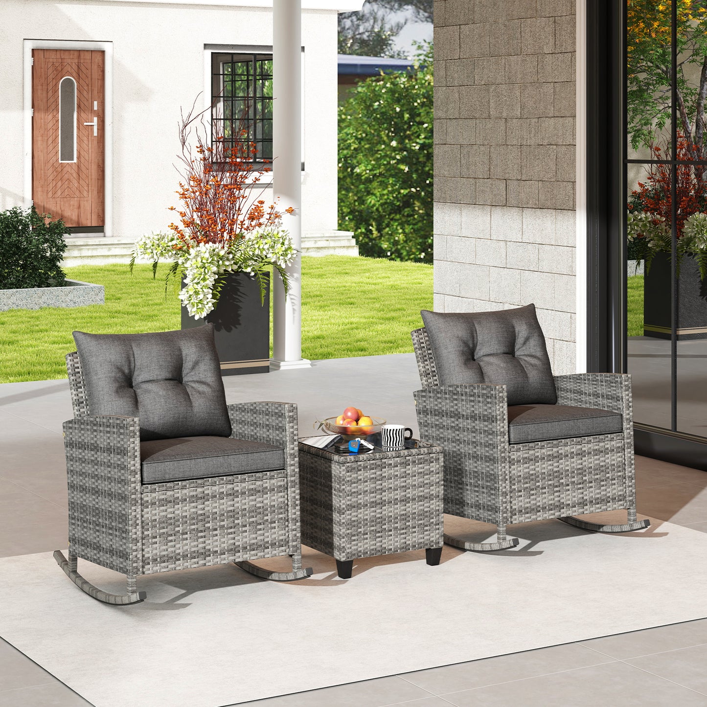 3-Piece Patio Rocking Chair Set with Glass Table