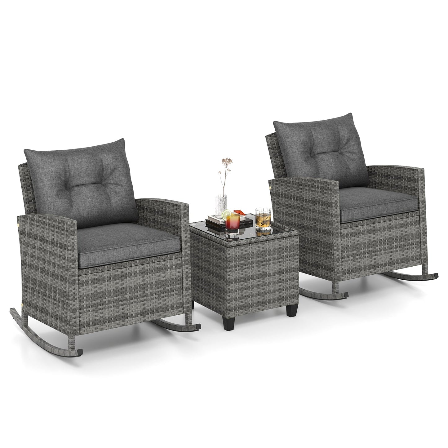 Patio Rattan Roker Chairs with Tempered Glass Table and Soft Cushions for Backyard Poolside Porch