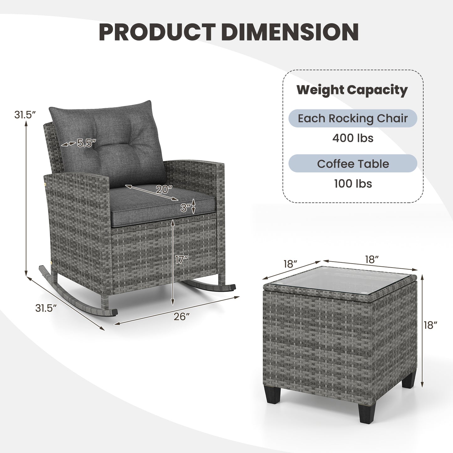 3-Piece Patio Rocking Chair Set with Glass Table