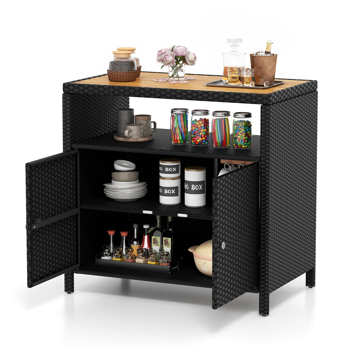 Rattan Storage Cabinet with Acacia Wood Countertop for Poolside Deck and Patio