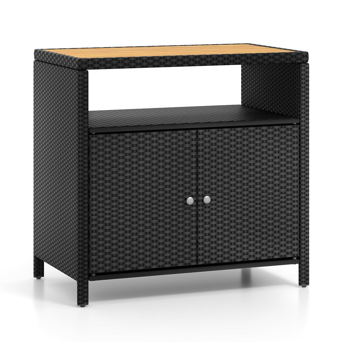 Rattan Storage Cabinet with Acacia Wood Countertop for Poolside Deck and Patio