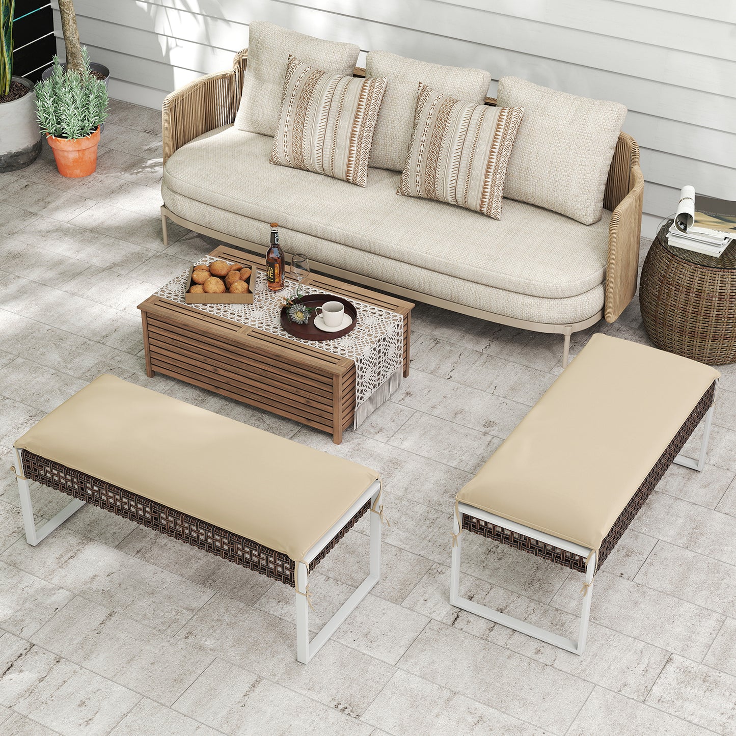 Rectangle Patio Ottoman Set of 2 with Cushions - 43 Inch