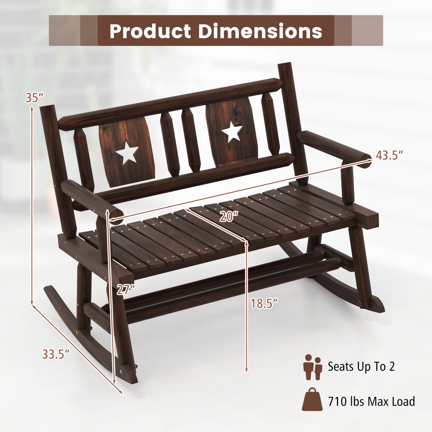 Double Rocking Bench 2-Person Loveseat with Ergonomic Seat