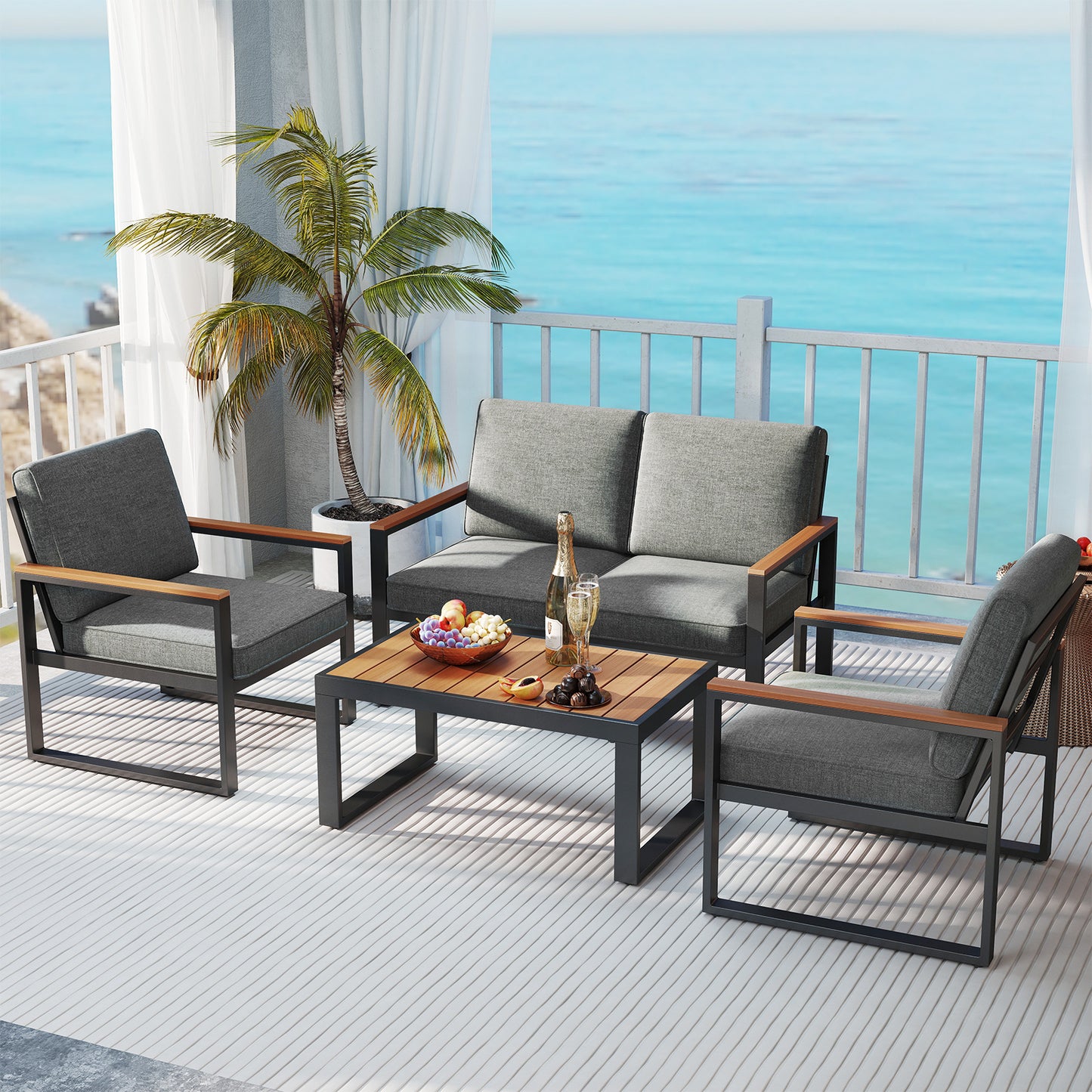 Aluminum Patio Armchairs Set of 2 with Cushions - Gray