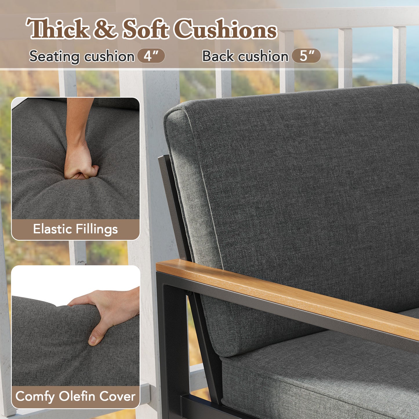 Aluminum Patio Armchairs Set of 2 with Cushions - Gray